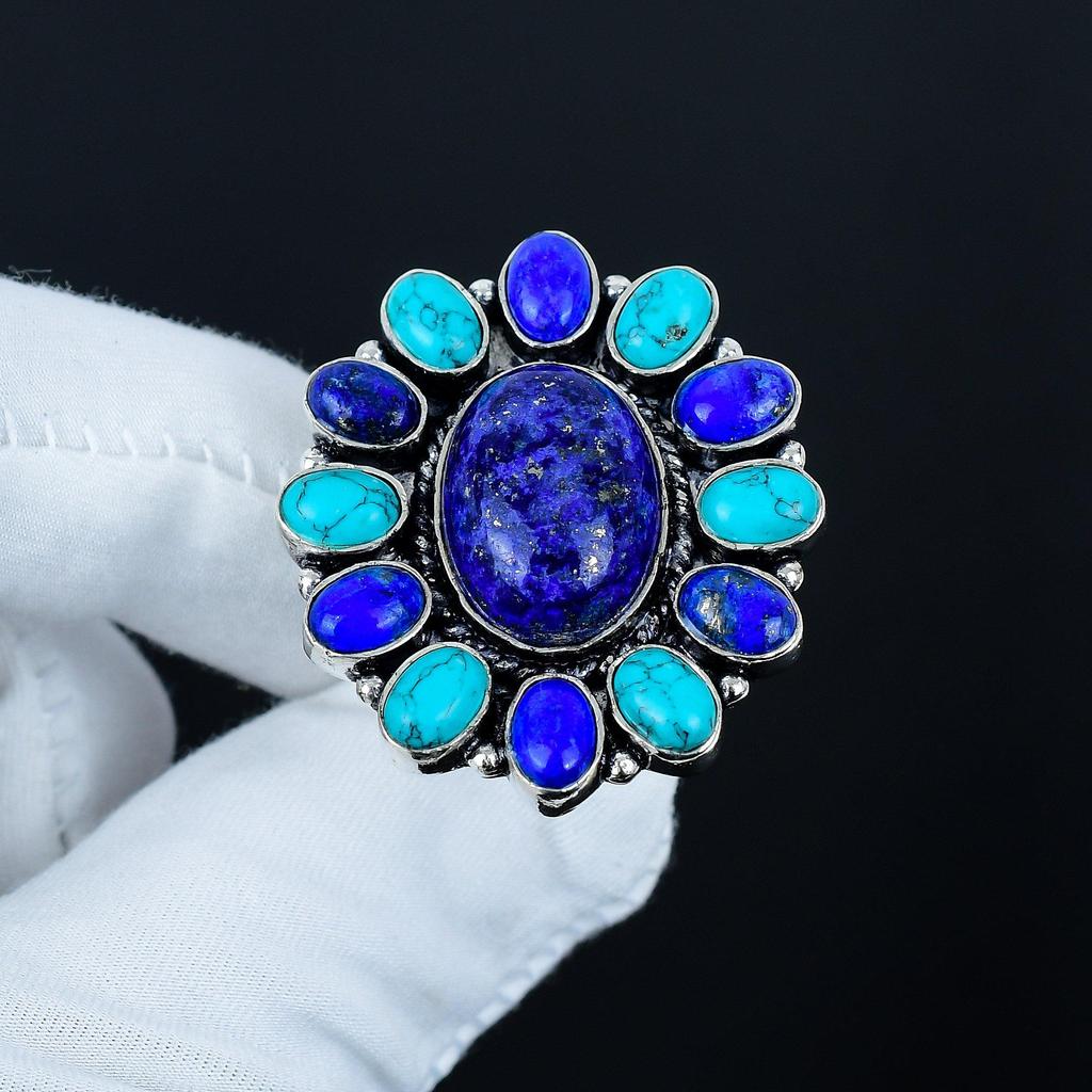 Бирюзовое, Кольцо с драгоценным камнем лазуритом, Кольцо из стерлингового серебра 925 пробы, Подарок для нее, Овальный камень, Элегантное кольцо ручной работы, Серебряное кольцо с цветком из лазурита