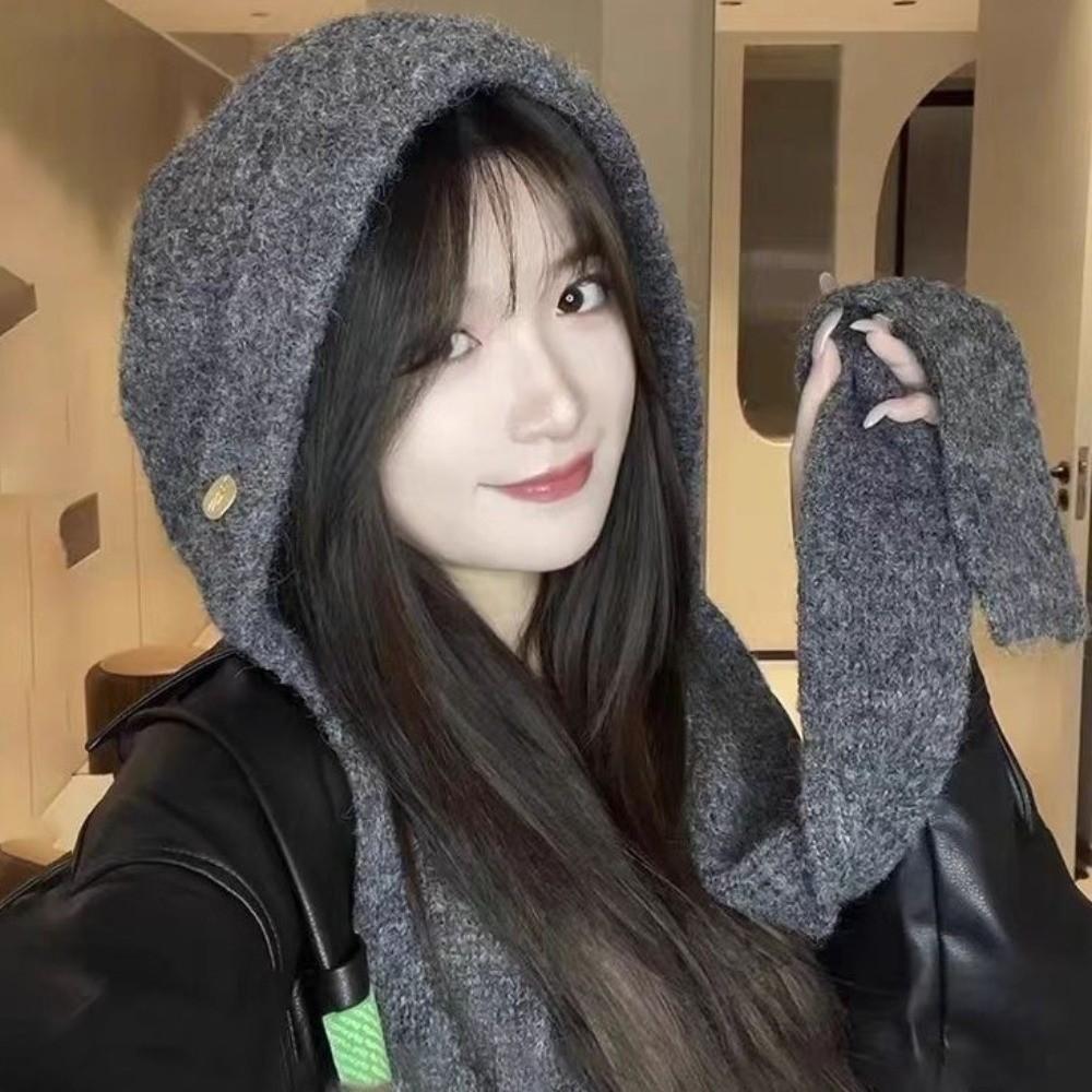 Solid Color Hooded Hat Warm One-Piece Scarf Cap Fashion Knitted Winter Balaclava  Outdoor