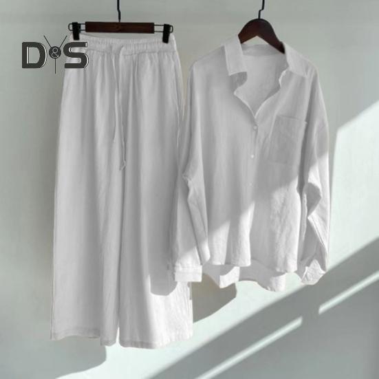 2 шт./компл., женская рубашка больших размеров, комплект брюк, сплошной цвет, блузка с воротником с лацканами и длинными рукавами, высокая талия, свободные широкие брюки, комплект, повседневная одежда для поездок на работу