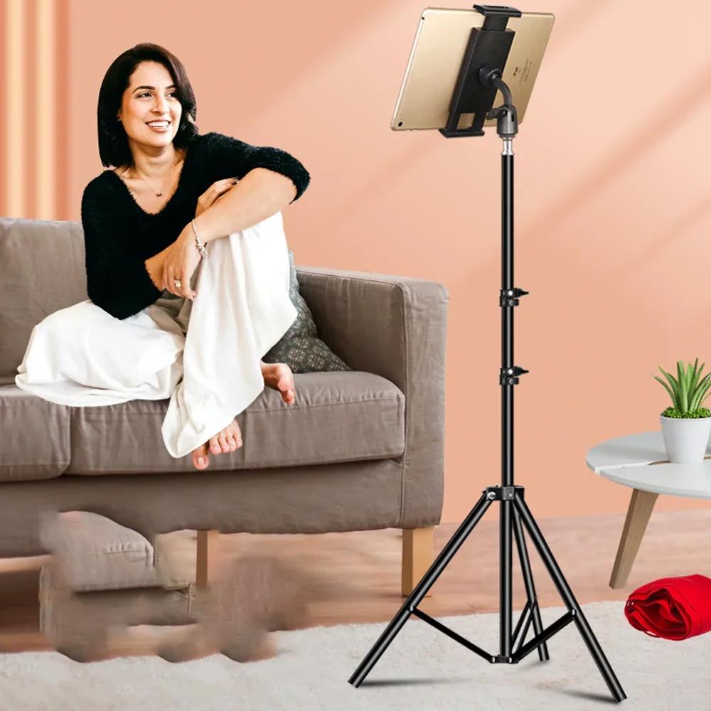 Floor Standing Tablet Stand 360° Rotatable Gimbal Three Levels Lifting Design Tablet Phone 2-in-1 Stand Metal Material Tripod
