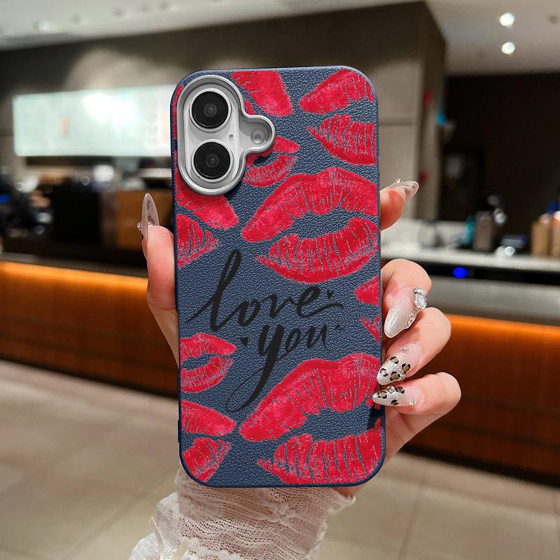 Тонкий чехол для телефона Love Red Lips Pattern из матовой кожи с текстурой для iPhone 16 Pro Max 15 14 Pro 13 12 11, противоударный защитный чехол для объектива из ТПУ с мягким бампером