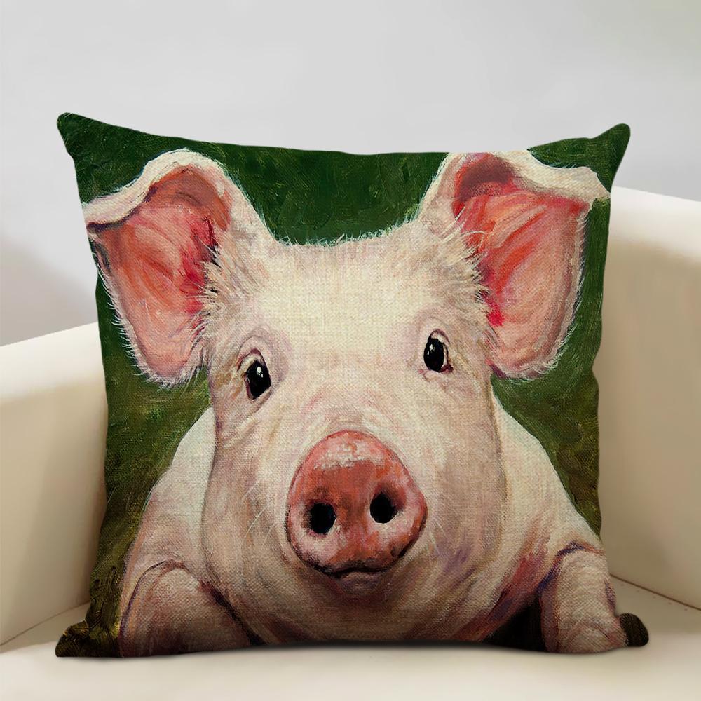 Animal Oil Painting Cushion Cover Home Sofa Decoration Pillow Case Cute Pig Pattern Pillowcase 45x45cm Linen Living Room Decor
