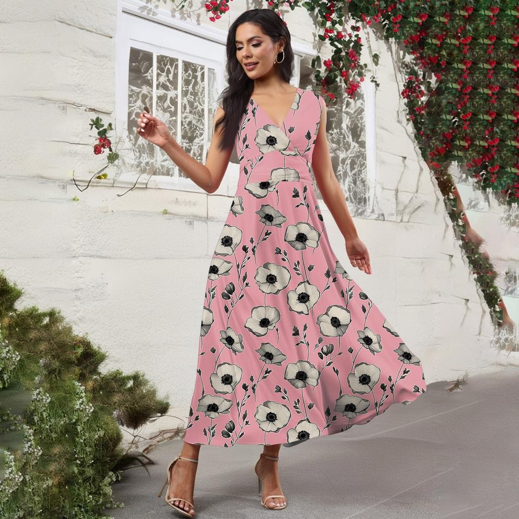 Women's Casual And Fashionable Floral Print V-Neck Sleeveless Dress Sleeveless Dress