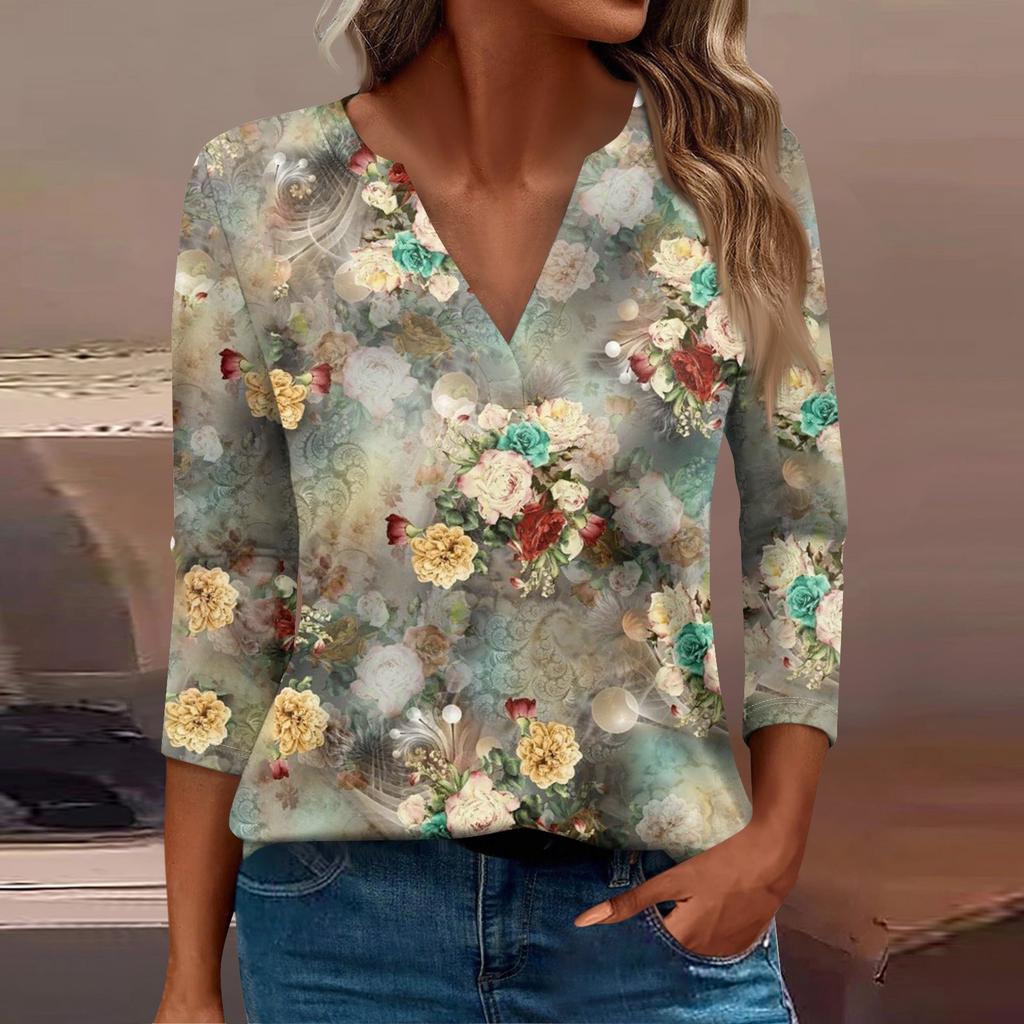Women's T Shirt Tee Print Button  3/4 Sleeve Daily Weekend Fashion Basic V- Neck Regular Top