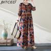 Новый литературный праздничный стиль для путешествий, стареющие дамы с круглым вырезом и принтом, винтажное платье макси, платья большого размера