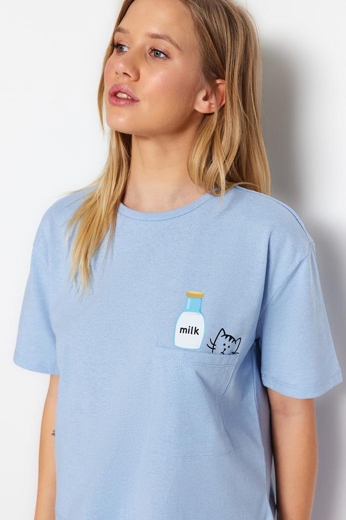 Women's Fashion New Pajama Set Gray Cotton Printed T-shirt-Shorts Knitted Pajama Set