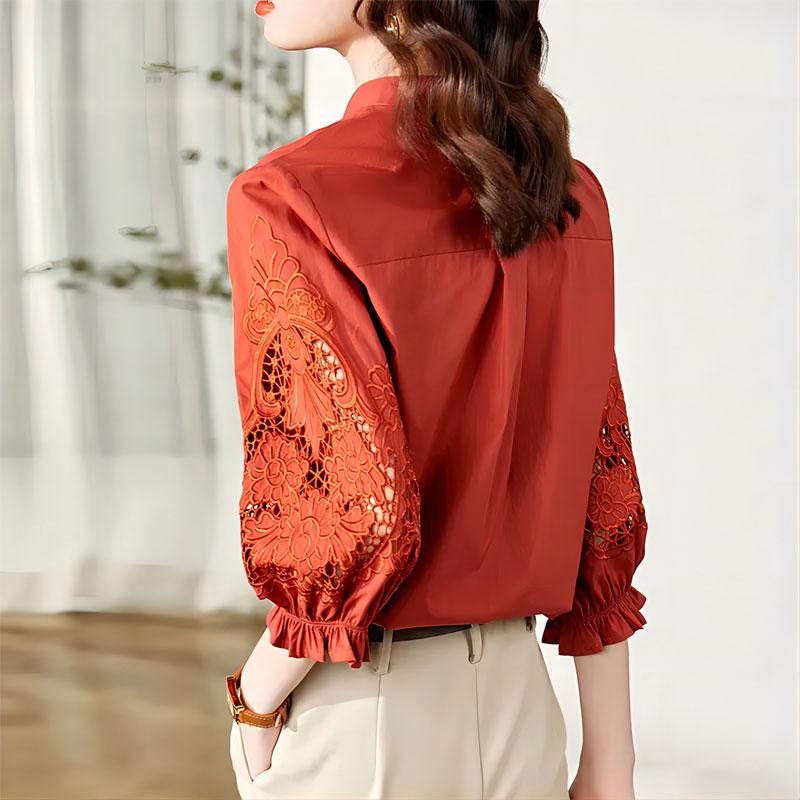 Элегантная рубашка с ажурной вышивкой, стильная, для работы, однобортная, женская одежда, воротник-стойка, весна-лето, блузка с рукавом 3/4