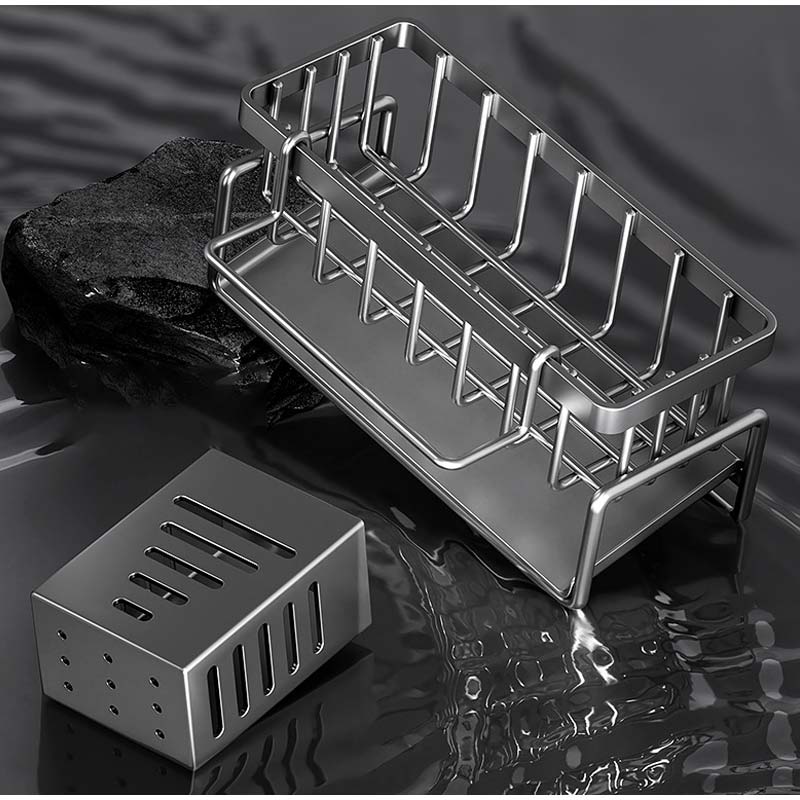 Стойка для хранения кухонной раковины из нержавеющей стали, экономящая место, со встроенной подставкой для губки и корзиной для сушки для кухонной уборки и хранения