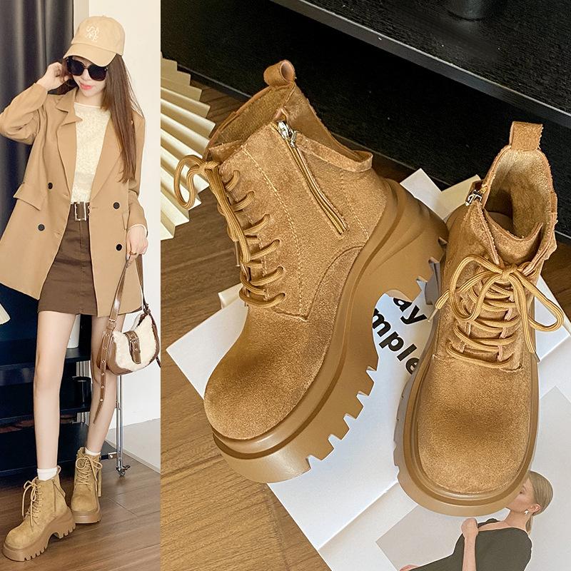 Матовые ботинки Мартина на толстой подошве с большой головой женские осенне-зимние новые в британском стиле ретро увеличивающие рост большие желтые ботинки обувь с высоким берцем