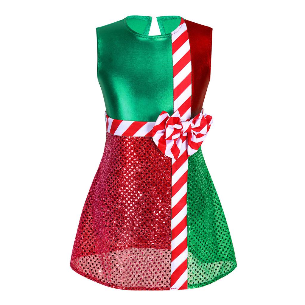 Kids Girls Sleeveless Striped Color Block Dance Leotard Dress Christmas Dress Up Party Costumes