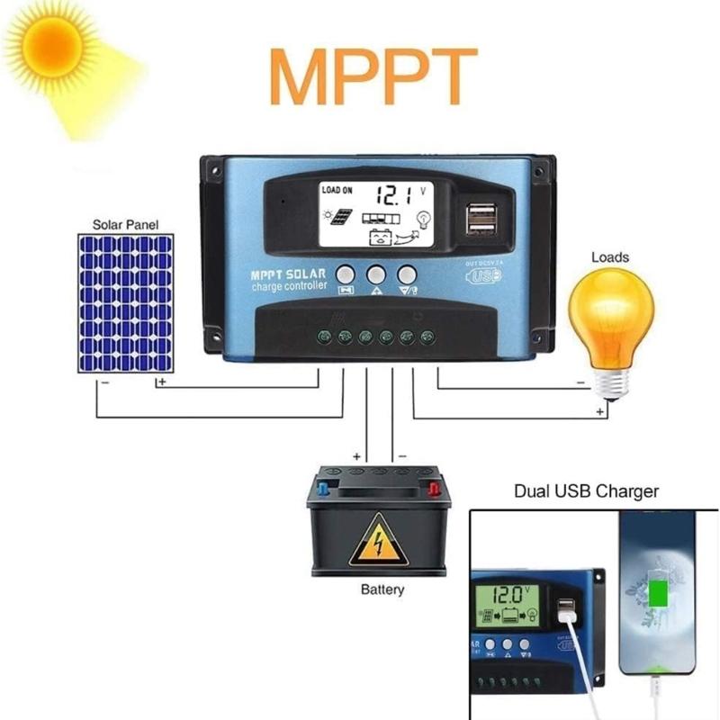 MPPT Контроллер заряда от солнечных батарей с ЖК-дисплеем, двойным USB-портом, 100А, автоматический регулятор заряда аккумулятора для солнечной панели