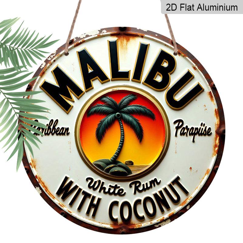 [Tropical Rum Sign]2D Flat, 1pc Tropical Caribbean Rum & Coconut Metal Wall Sign - Round Durable Aluminum Beach Art with Palm Trees & Parrot for Bar