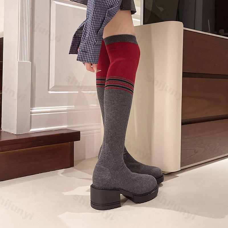 Модные зимние женские сапоги выше колена, модные лоскутные цветные сапоги без застежек, длинные сапоги, женская обувь на квадратном каблуке