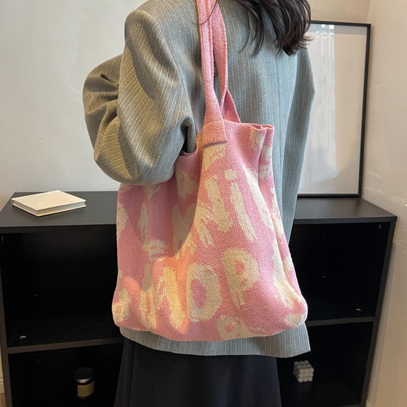 Сумка через плечо с буквенным принтом, большая вместительная сумка контрастного цвета из хлопчатобумажной ткани, летняя модная вязаная сумка ручной работы