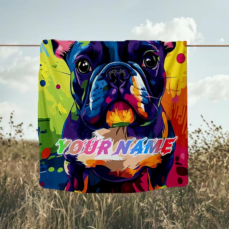 1PC Custom Name Colorful French Bulldog Art outdooor Flannel blankets Throw Blanket All-Season Throw Gift Bedspread for Couch, Bed, Camping Holiday Bi