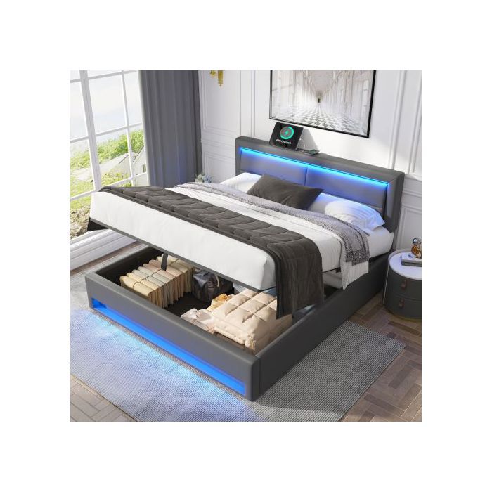 Lit rembourré - MUVOE - 140x190 cm - Port USB - Éclairage LED - Rangement intégré