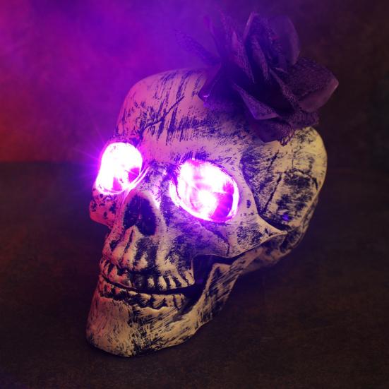 Halloween Skull Statue with Flower Plastic Small Size Human Head Bone Sculpture Collectible Skeleton Figurine for Indoor Outdoor Decor