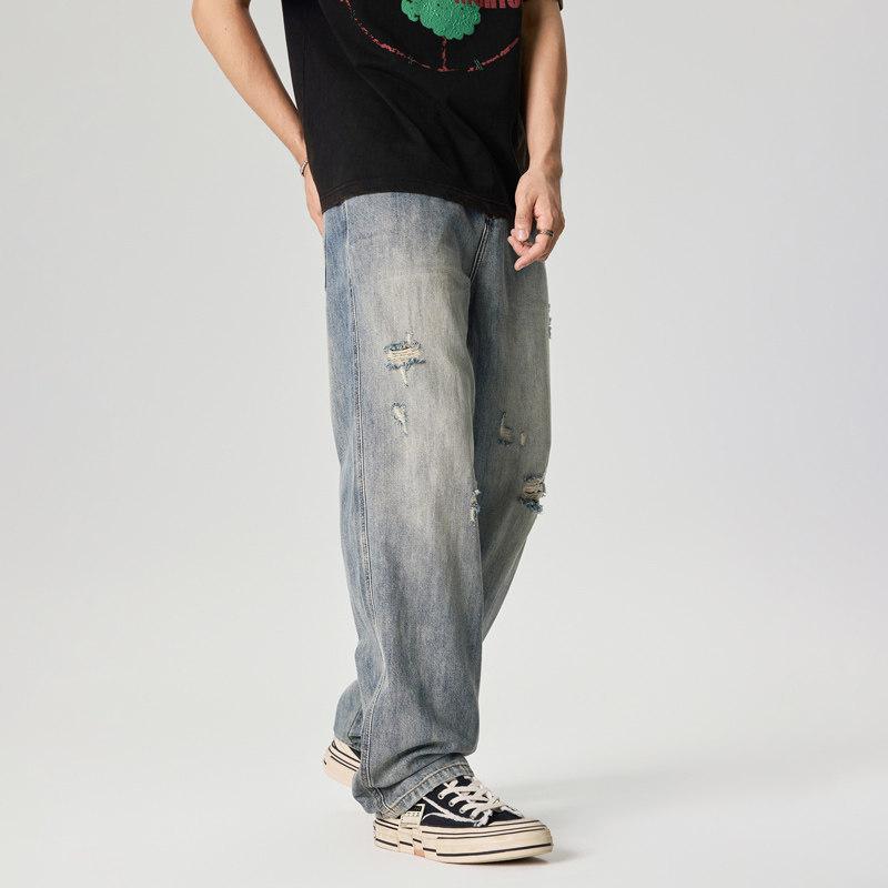 American retro ripped washed straight jeans men's street hip hop trend youth loose and versatile wide-leg trousers