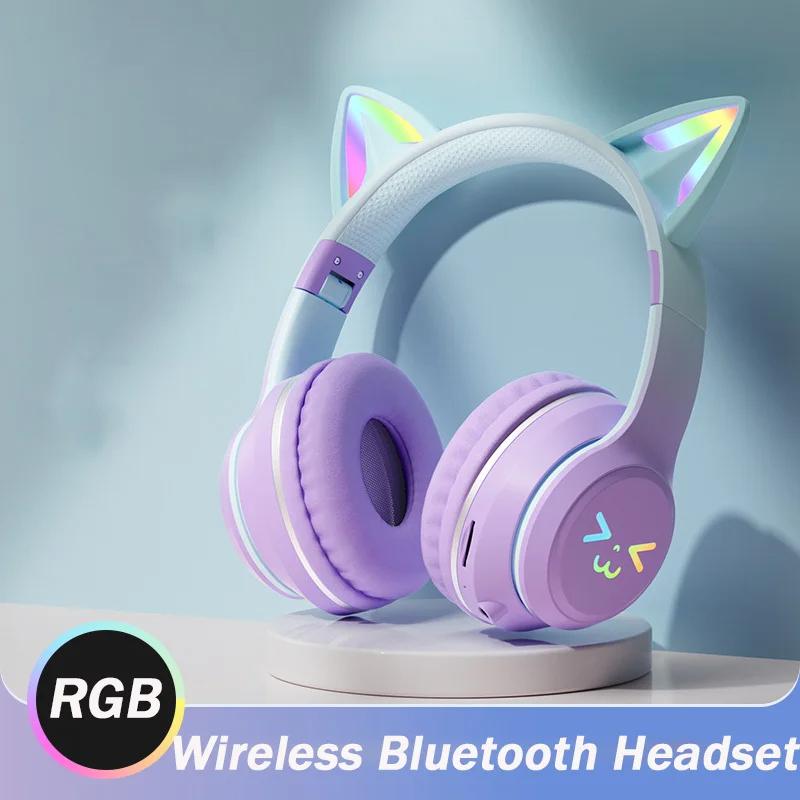 2024 New Cute Cat RGB Colour Lights Wireless Headphones Bluetooth 5.1 Stereo Music Gaming Headsets for Girls Kids Gift Headset with Microphone