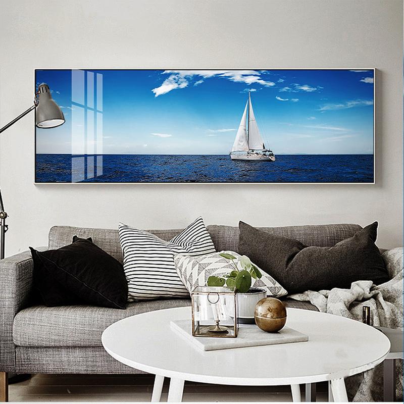Голубое небо, облака, морской пейзаж, лодка, корабль, пейзаж, холст, живопись, постеры и принты, настенные панно для гостиной, домашний декор, без рамки