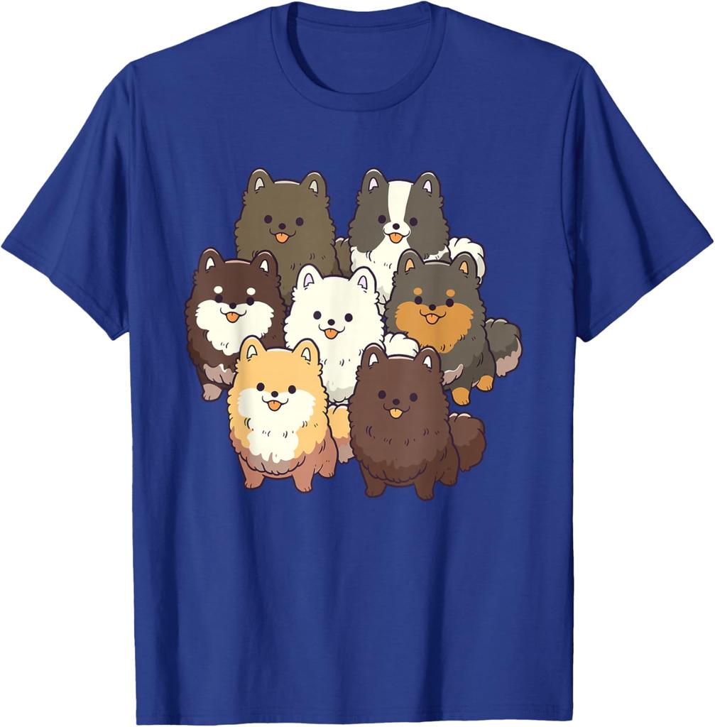 Cute Pomeranian Dog Group Cartoon Print Casual Cotton T-Shirt for Men Trip