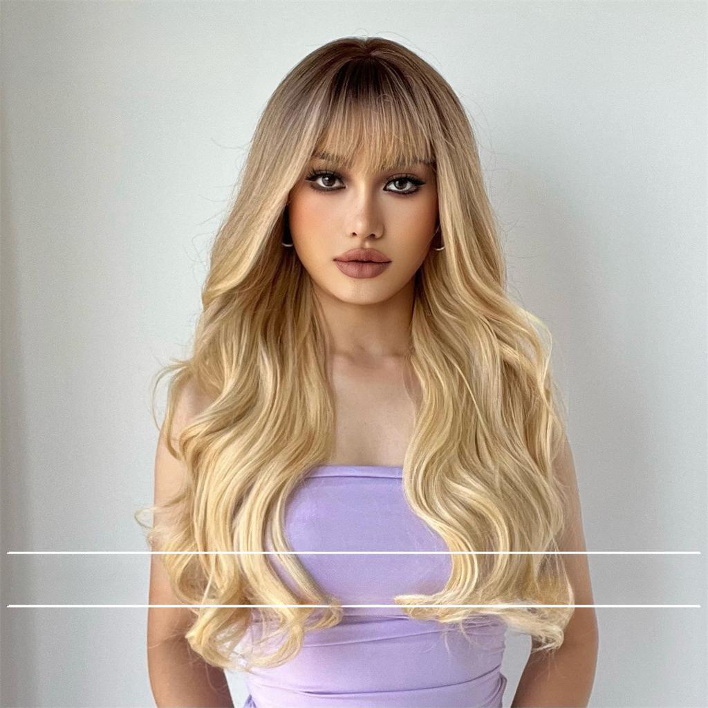 Полный головной убор черный постепенное изменение золотой челка Qi длинные вьющиеся волосы большая волна парик женский