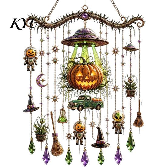 Retro Style Pendants Halloween Wind Chimes, Acrylic Spooky Sun Catcher for Window Garden Yard, Gothic Chimes Hanging with Crystal Stars Moons