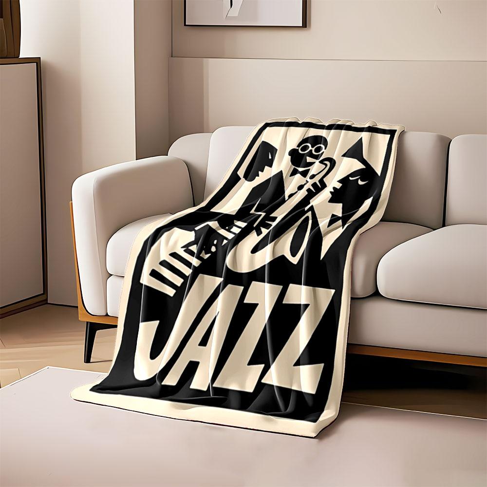 Stylized musicians with instruments and the word "JAZZ" in bold typography. for all seasons blanket lunch break throw gift