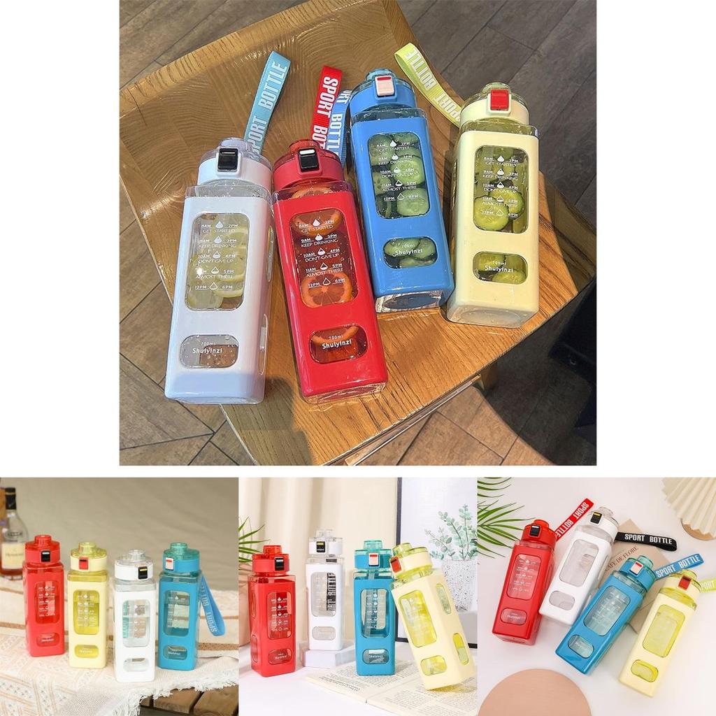 Square Plastic Water Bottle With Handle, Modern Simple Style, Portable Sports Bottle With Straw, 700ml
