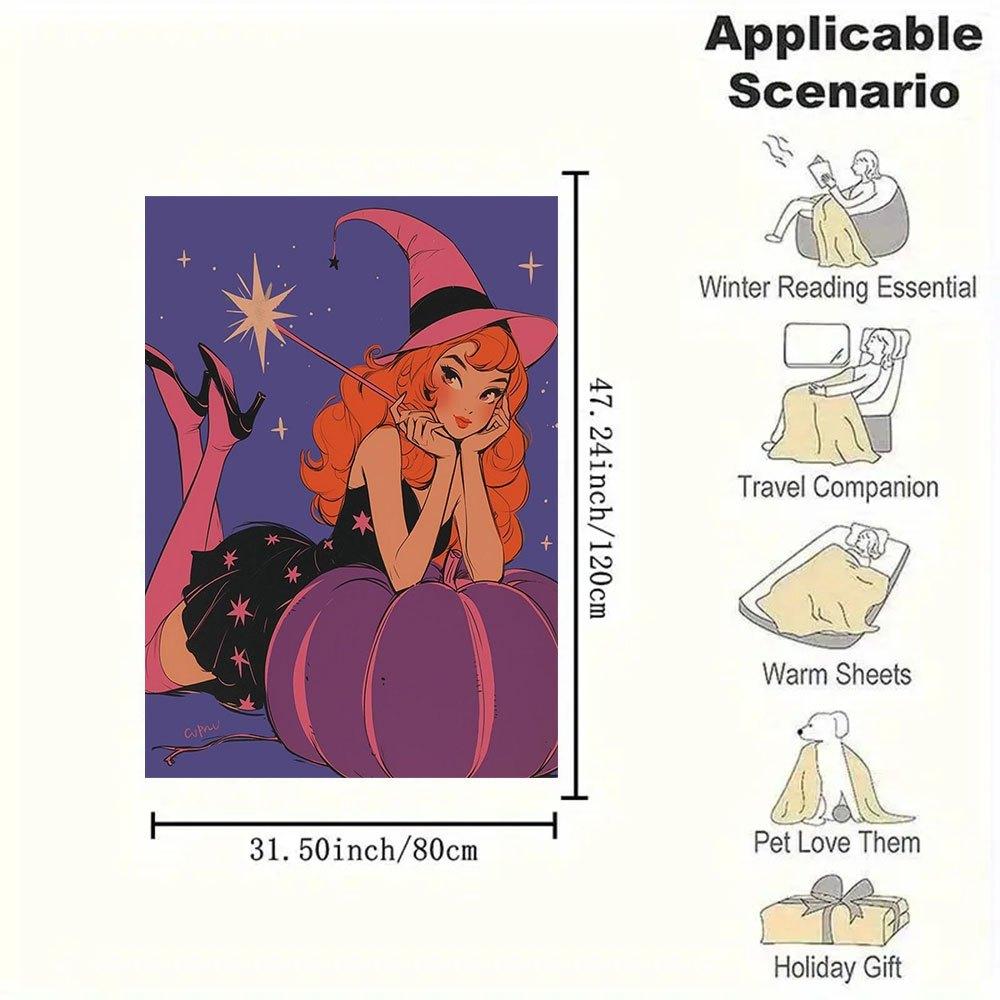 Halloween Witch with Pumpkin Illustration Art PrintBlanket Flannel Throw Blanket for Sofa, Bed, Travel, Camping, Office, Couch, Chair