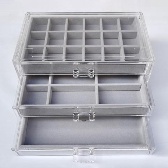 Акриловый органайзер для ювелирных изделий с 3 ящиками и несколькими отделениями, держатель для сережек, регулируемые подносы, пыленепроницаемая прозрачная шкатулка для драгоценностей