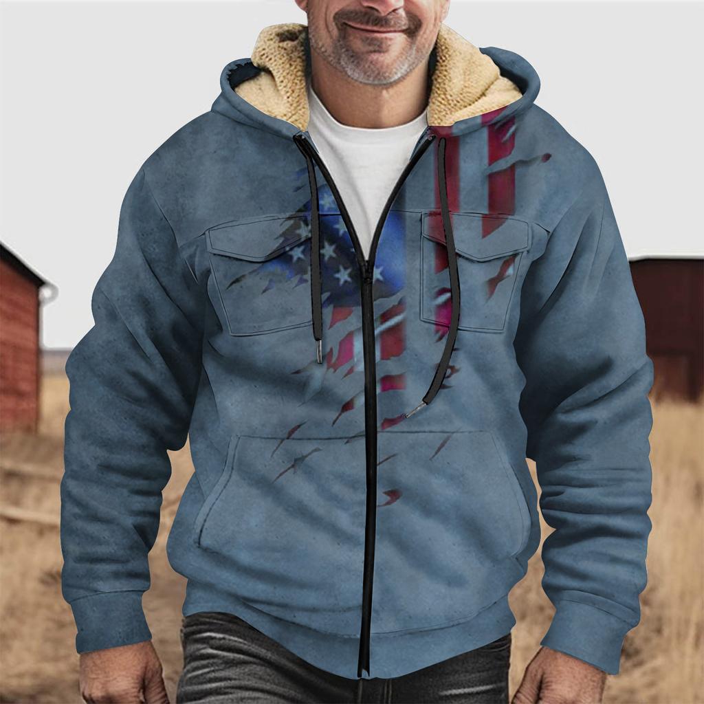 Мужская зимняя флисовая толстовка с капюшоном на молнии с накладным карманом, повседневная куртка