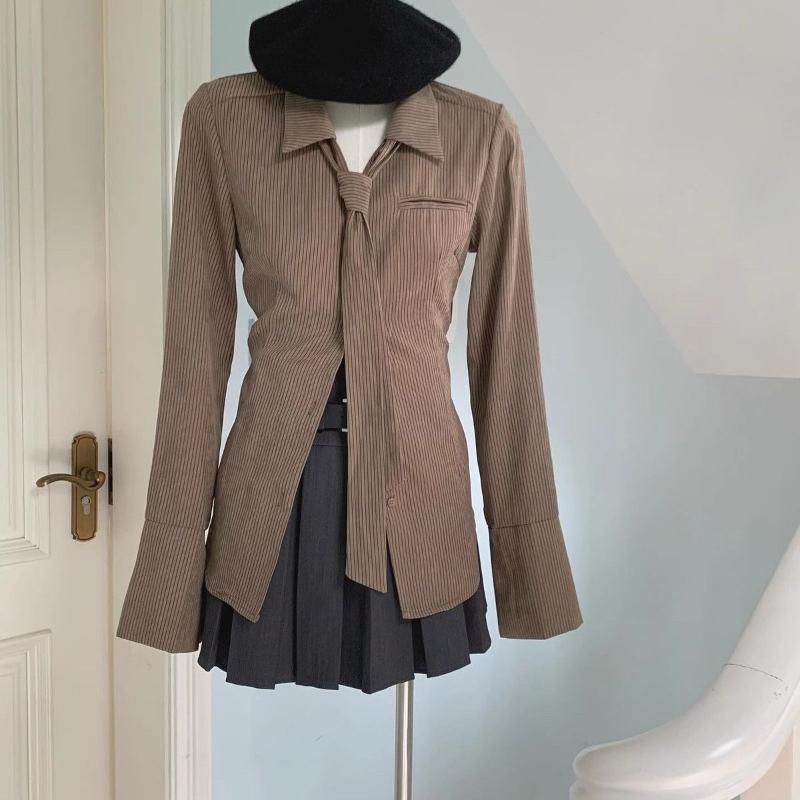 Striped Shirt Spring Autumn Lazy Style Women's Top Long Sleeved French Pink Solid Color Cardigan Slim Fit Blouse