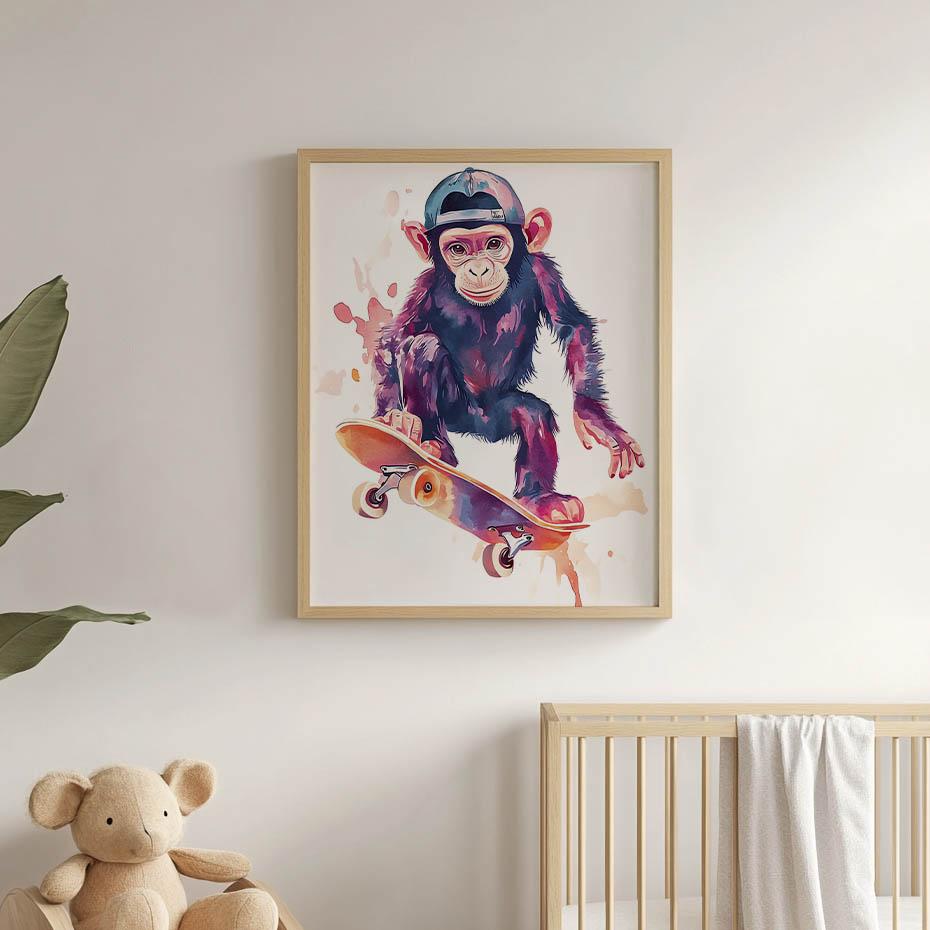 Plakat Małpi Skateboardzista Plakat Małpi Skateboardzista, 30X40 Cm, Bez Ramy, Papier Matowy 230 Gsm