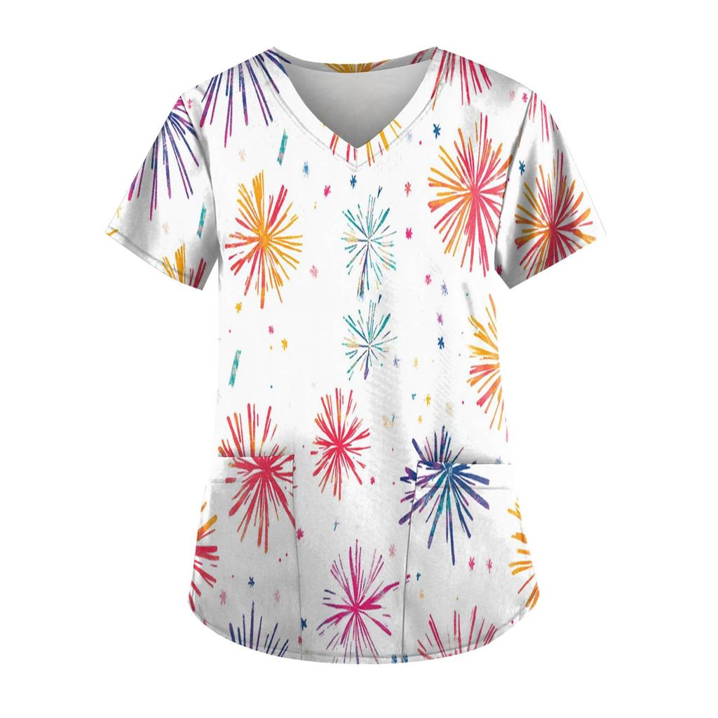 Women's Fashion New Year Printed Short Sleeve V-Neck Top Small Pocket Work T-Shirt