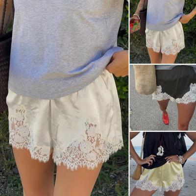 Женские атласные шелковистые шорты с кружевной отделкой, лоскутные микрошорты с низкой посадкой, шорты-боксеры, домашние шортики, пижамные штаны