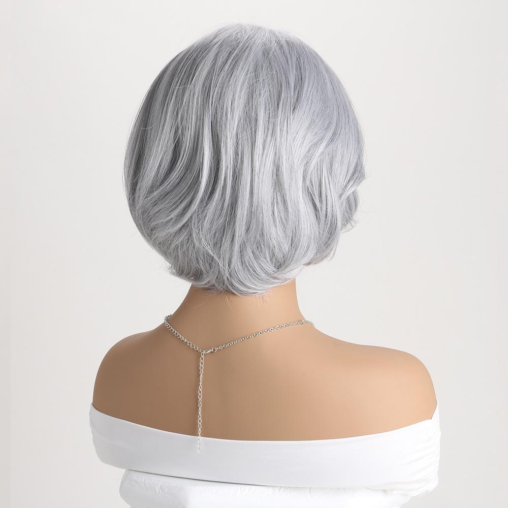 European and American Women's Silver Gray Wig Daily Use Natural Looking Side-parted Short Curly Inward-bent Synthetic Fiber Wig for Elderly Women