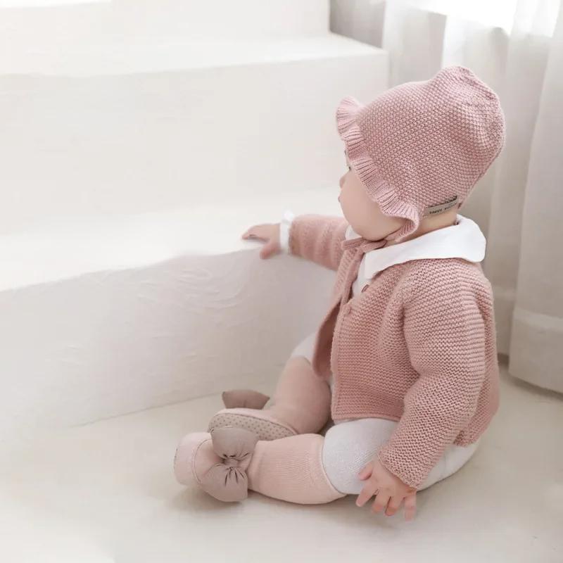 1 пара носков для новорожденных, корейская модная нескользящая обувь до икры с бантом для маленьких девочек, осенне-зимняя хлопковая обувь для первых ходунков