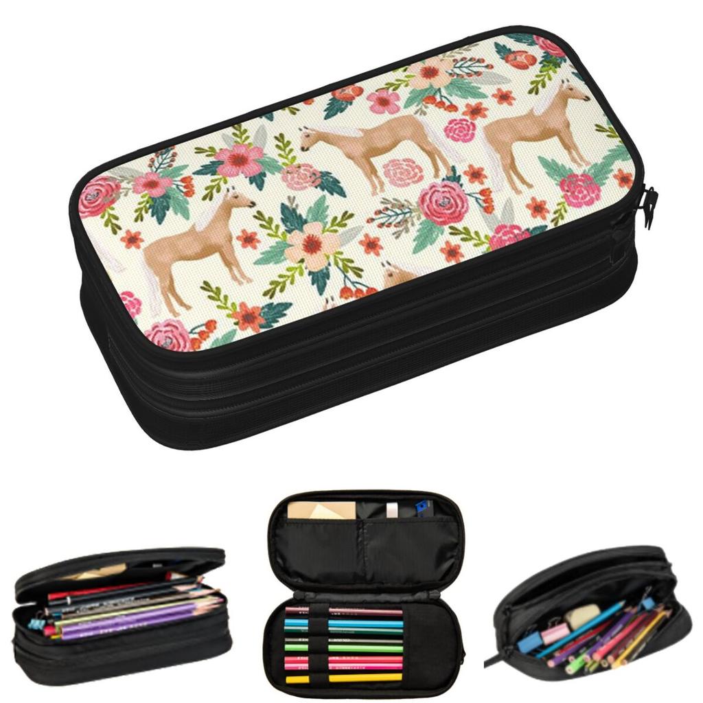 Equestrian Pastel Floral And Horse Pattern Pencil Cases for Students School Pen Box Pencil Bag Large Capacity Pencil Pouch