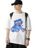 Men's Black Kpop Demon Hunter Pattern T-Shirt Blue Cat with Glowing Eyes Print Casual Loose Short Sleeve Summer New