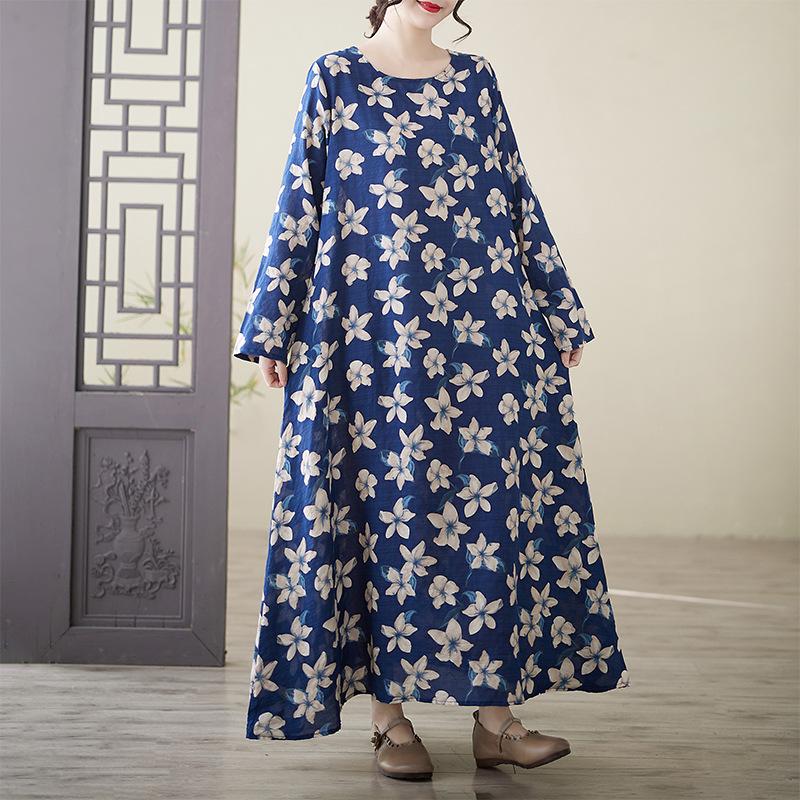 Весеннее литературное платье больших размеров с принтом, круглым вырезом и длинными рукавами для женщин