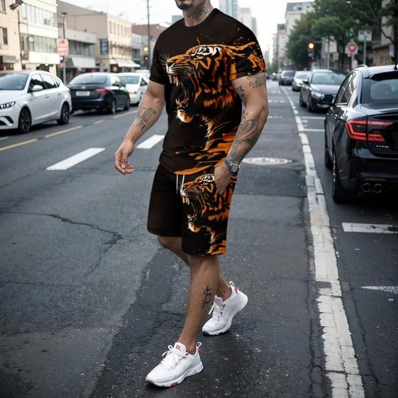 Summer 3d Tiger Lion Print Men's Round Neck Short Sleeved T-Shirt Shorts Set 2-Piece High-Quality Casual Street Sports Set