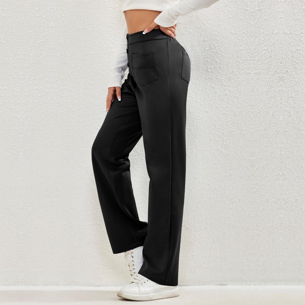 Women's Casual Straight Leg Pants With High Waist Button Elastic Business Work Pants With Multiple Pockets