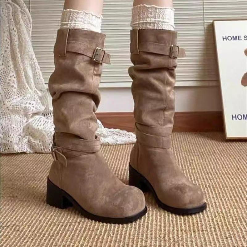 Весенние и осенние классические ковбойские ботинки женские грубые длинные ботинки показывают ноги тонкие и удобные штабелируемые ботинки