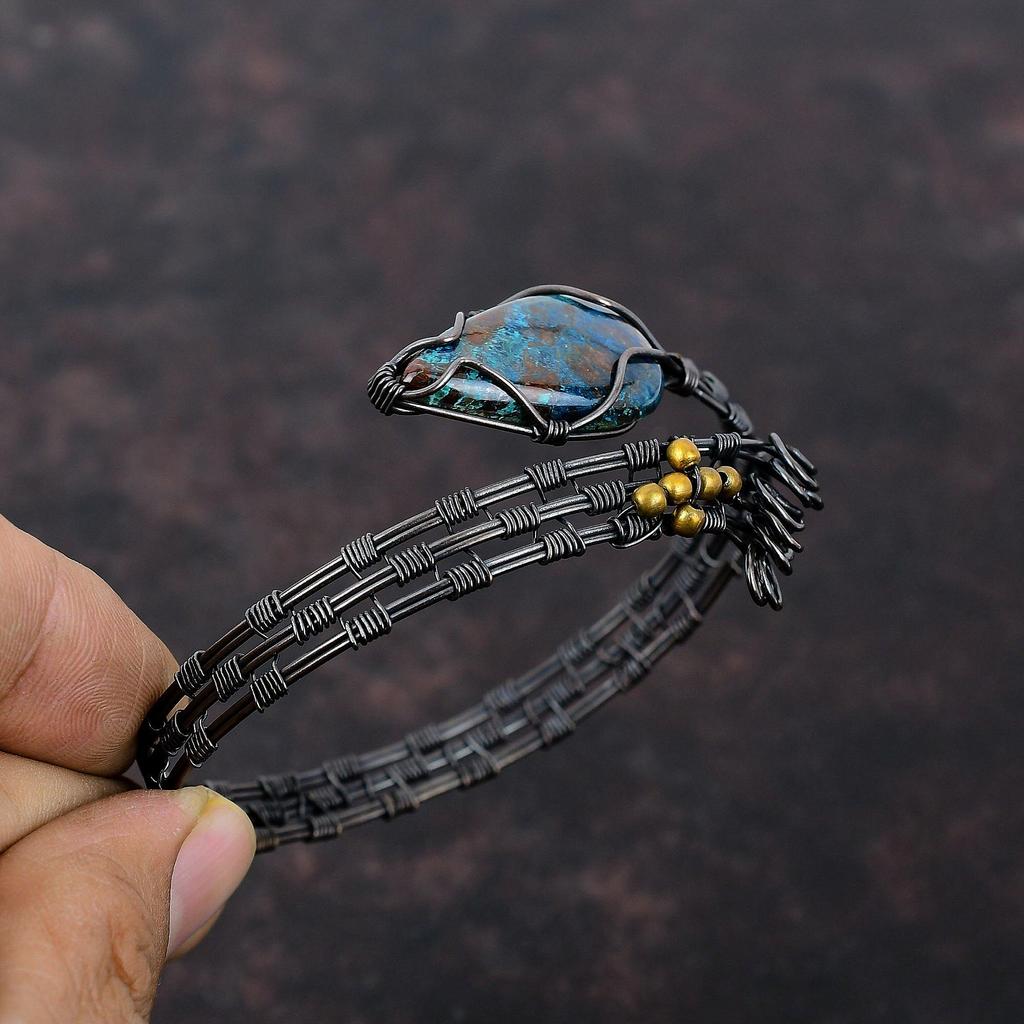 Шаттукит Браслет-манжета, обмотанный медной проволокой, ручной работы, совершенно новый браслет, регулируемый браслет, драгоценный камень, медная проволока, ювелирное изделие, свадебный подарок