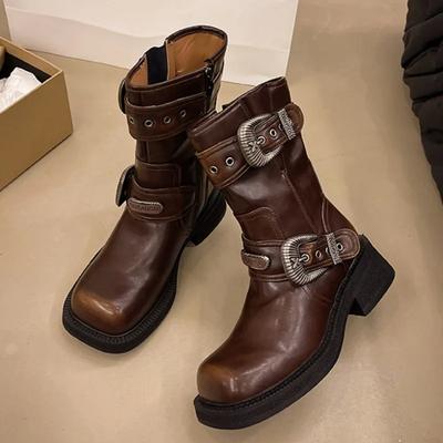 Новые осенние массивные одинарные ботинки женские квадратные с металлической пряжкой-ремнем, боковой молнией, толстой подошвой, нескользящие ботинки до середины икры