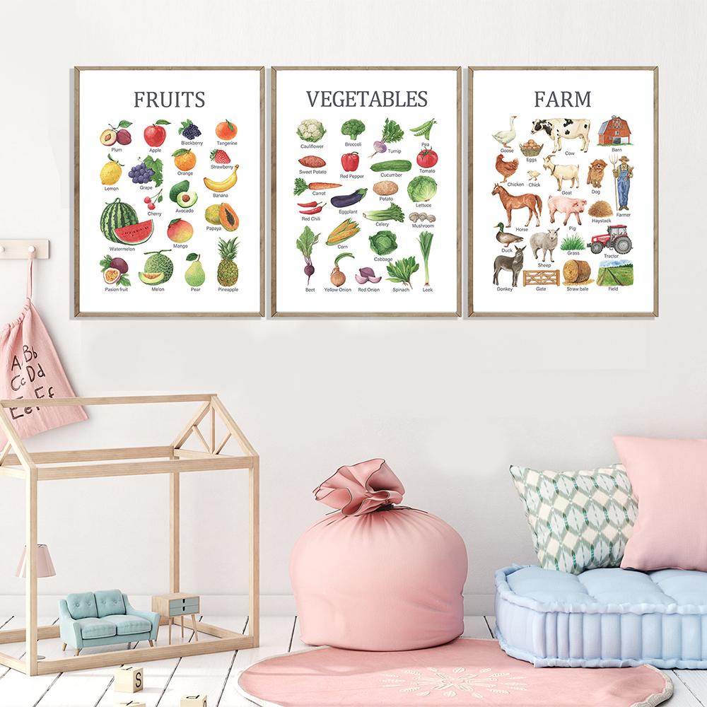 Акварельные образовательные овощи фрукты ферма диаграмма плакаты обучение дошкольное настенное искусство холст картины для декора детской