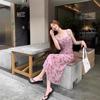 2024 New Women's Summer Pink Floral Sling Dress – Waist-Hugging & Elegant