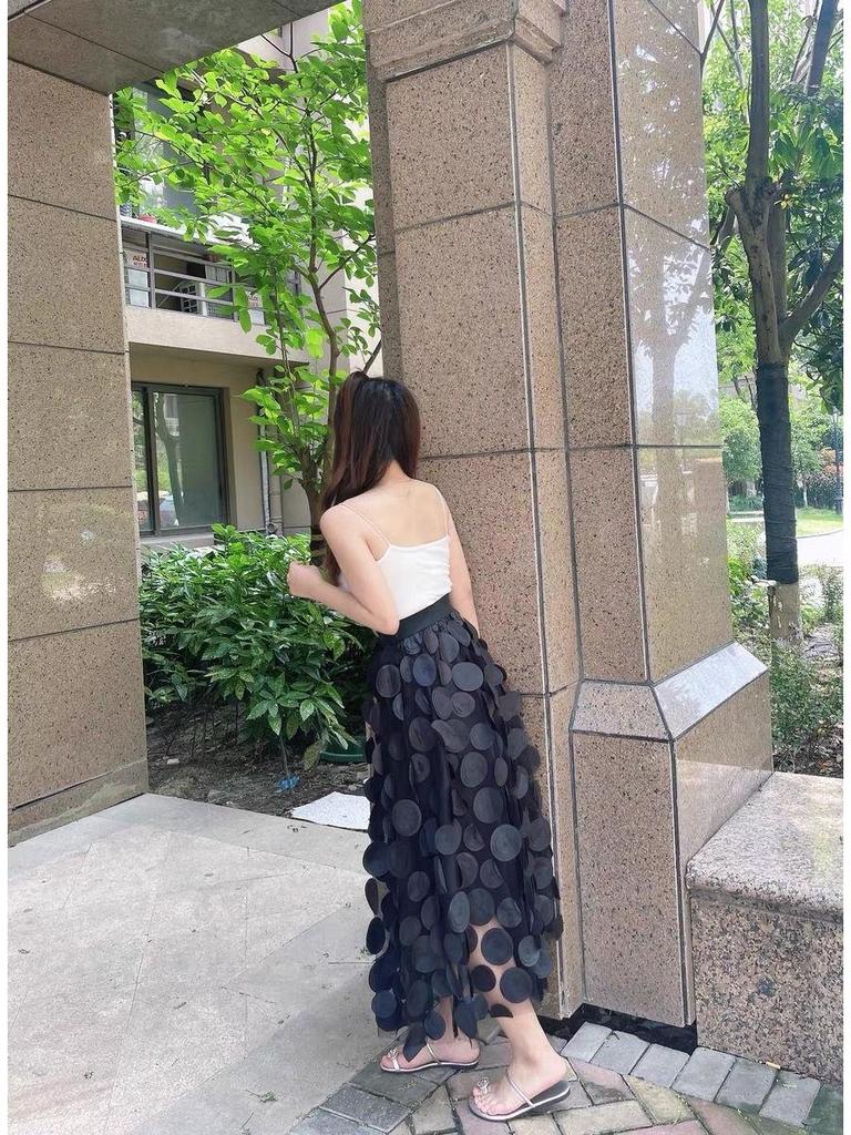 Women's European-Style Black Midi Skirt - 2025 High-End Mesh A-Line Umbrella Design