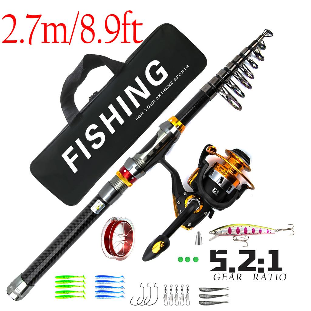 Набор портативных рыболовных снастей из углеродного волокна 5.5:Спиннинговая катушка с 1 передаточным числом, 1,8-3,6 м, удочка с прямой ручкой, крючок для наживки, комплект аксессуаров